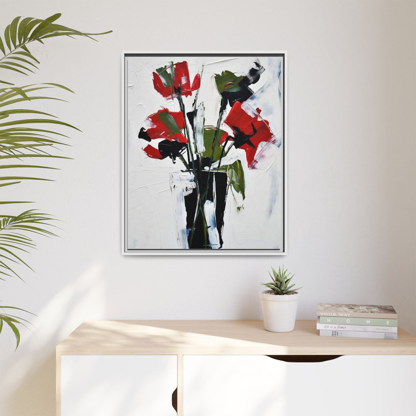 Framed Abstract Floral Canvas Print — Red Poppies in Black Vase
