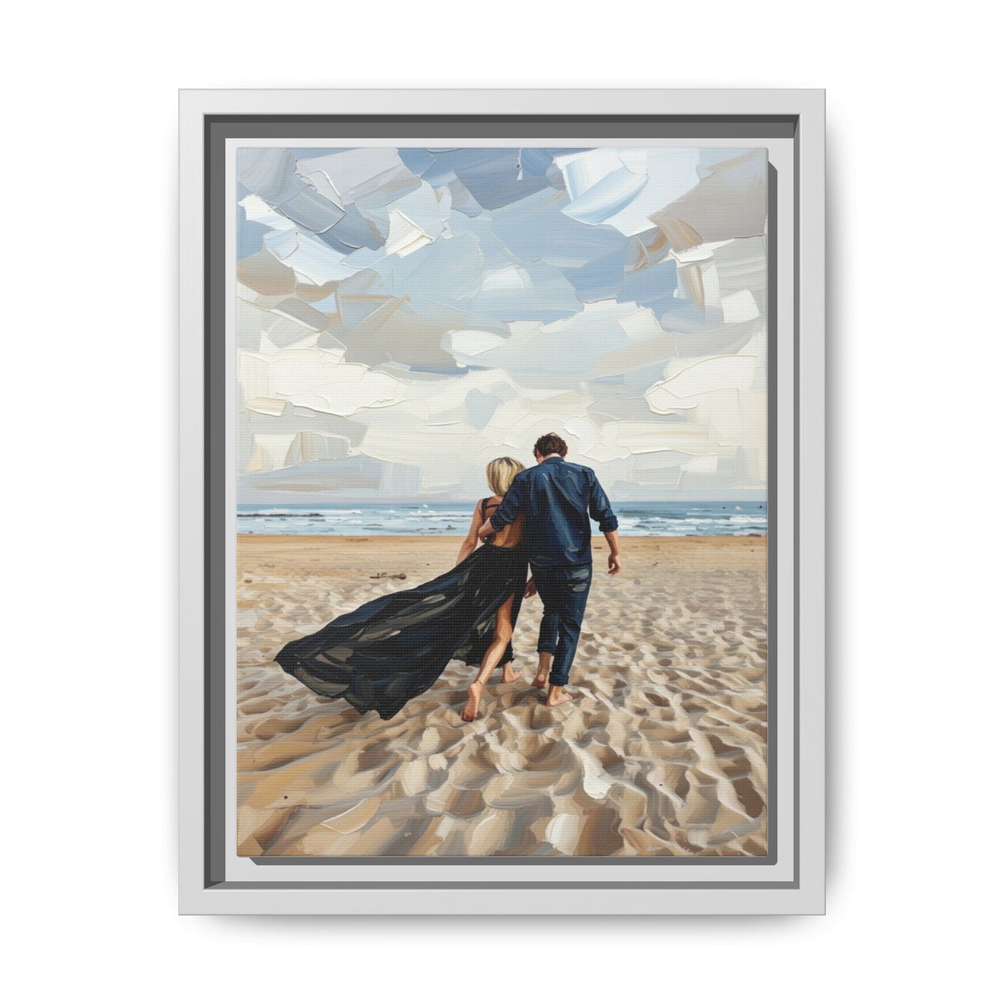 Framed Canvas Wall Art — Romantic Couple Walking on Beach Print