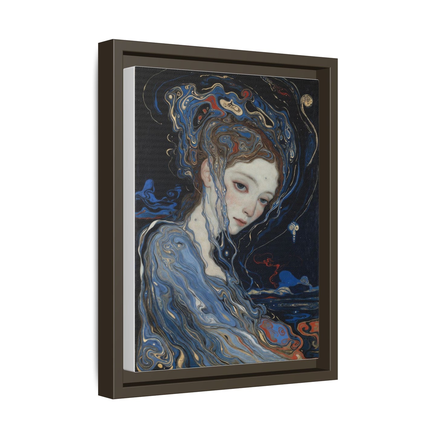 Framed Matte Canvas Art Print — Surreal Blue Maiden Portrait