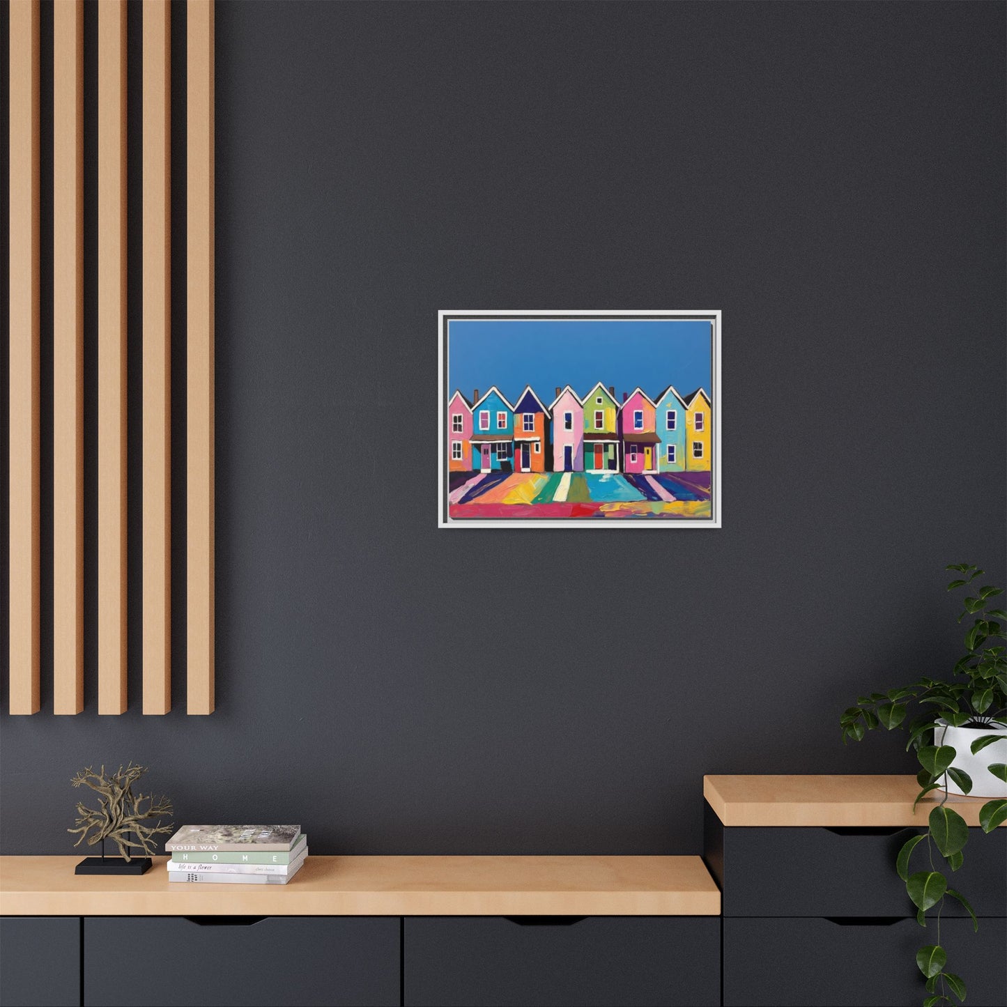 Colorful Beach Houses Matte Canvas Framed Wall Art