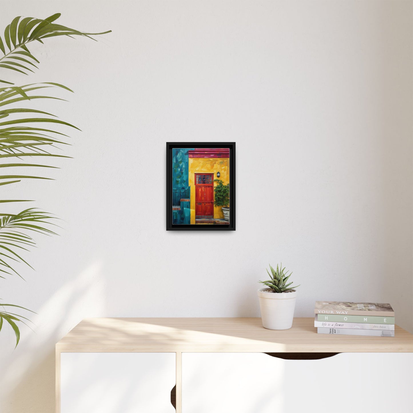 Framed Matte Canvas Wall Art — Colorful Red Door on Yellow Facade