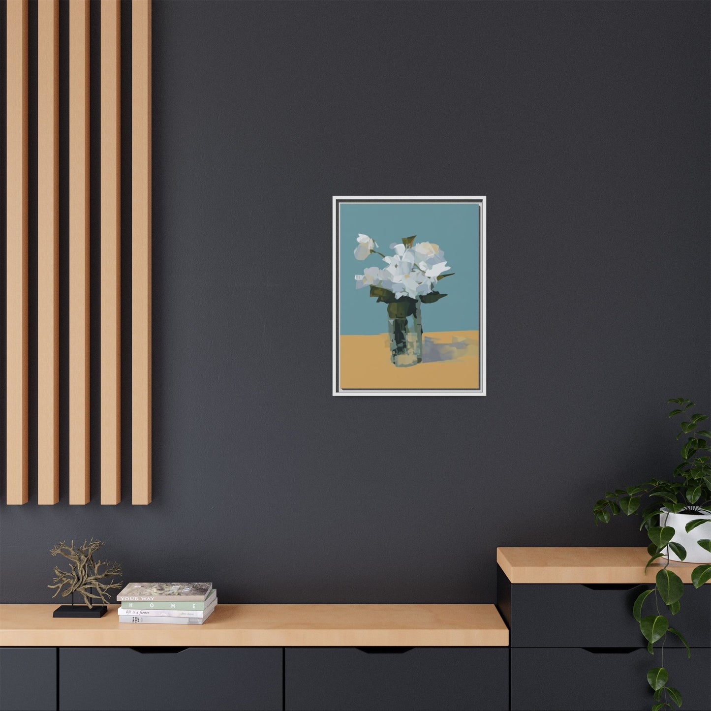 Framed Floral Still Life Canvas Art — Modern White Bouquet Wall Art