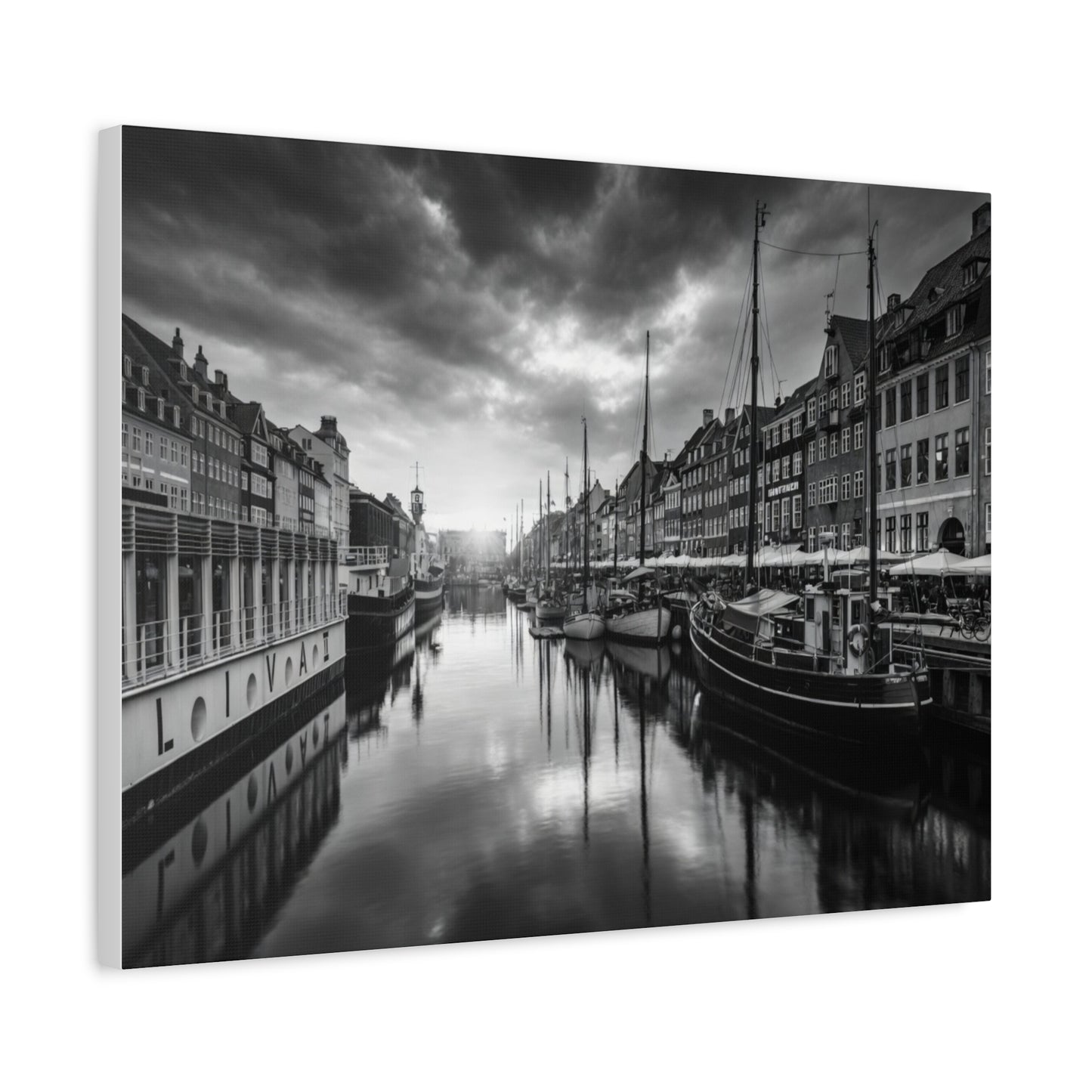 Black & White Harbor Canvas Print — Dramatic Copenhagen Cityscape Wall Art