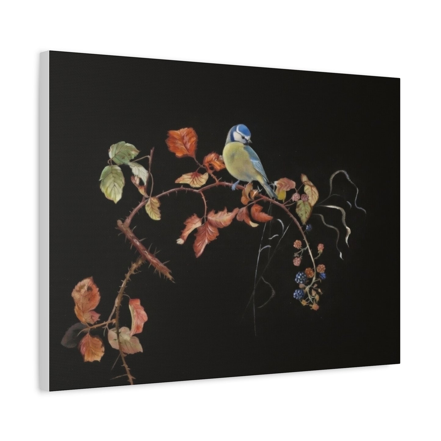 Canvas Wall Art - Blue Tit on Autumn Branch, Stretched Matte Canvas