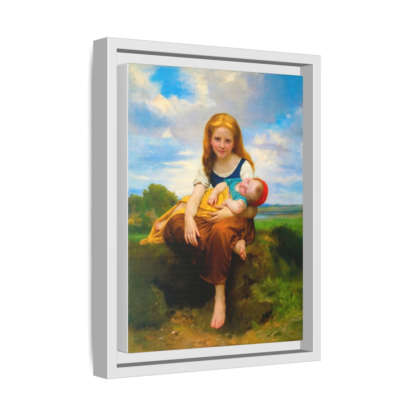 Young Girl Holding Sleeping Baby Canvas Print, Framed Wall Art