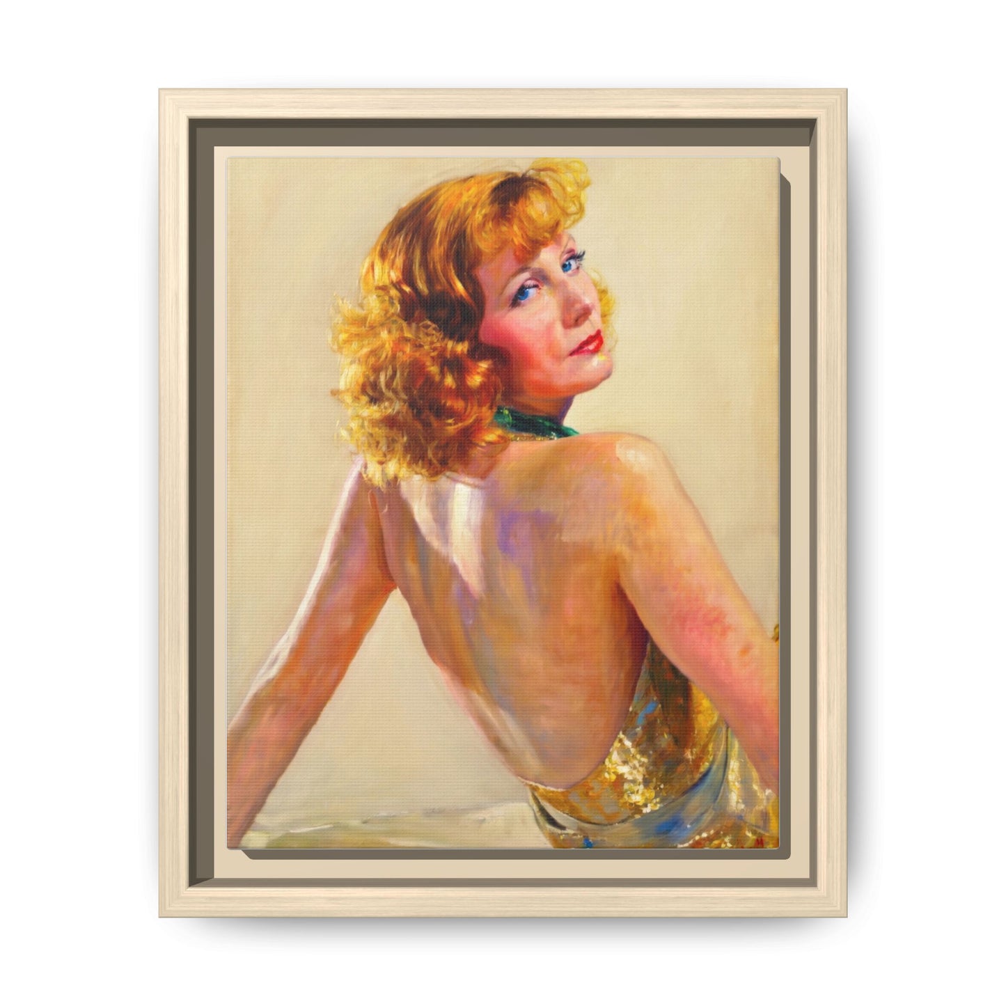 Framed Matte Canvas Print — Vintage Portrait of Redhead Greta Garbo in Gold Dress