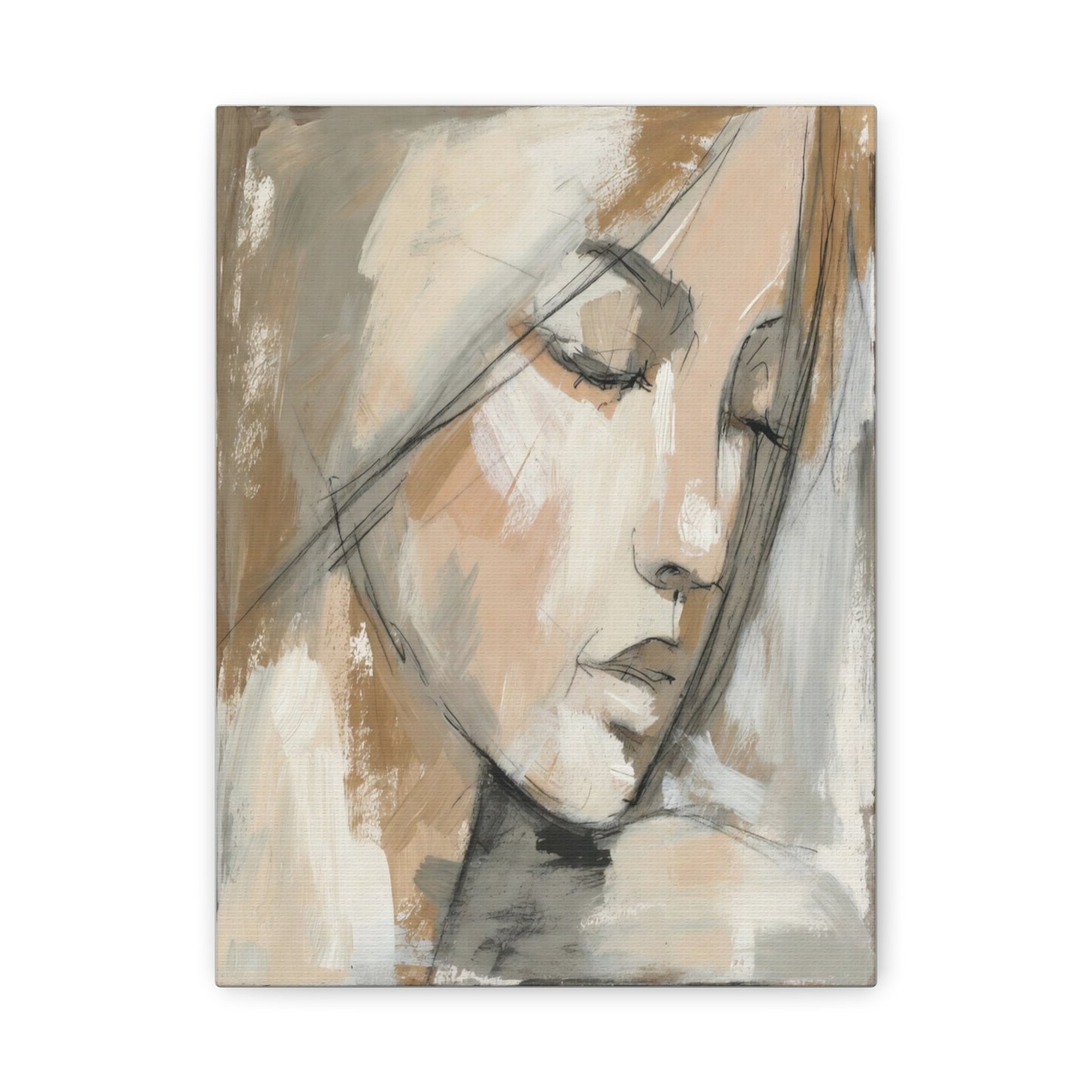 Serene Woman Portrait Matte Canvas Wall Art — Neutral Abstract Face Painting