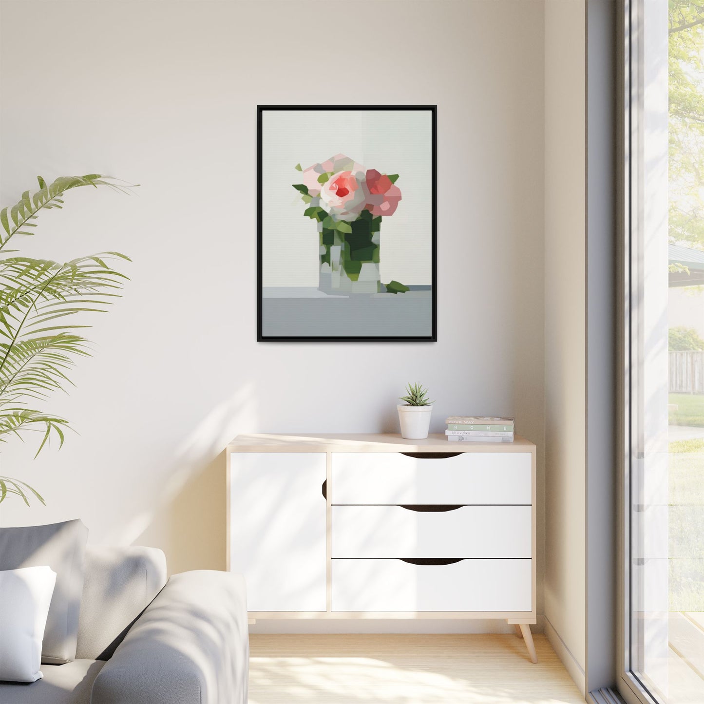Framed Floral Canvas Print — Modern Pink Roses Still Life