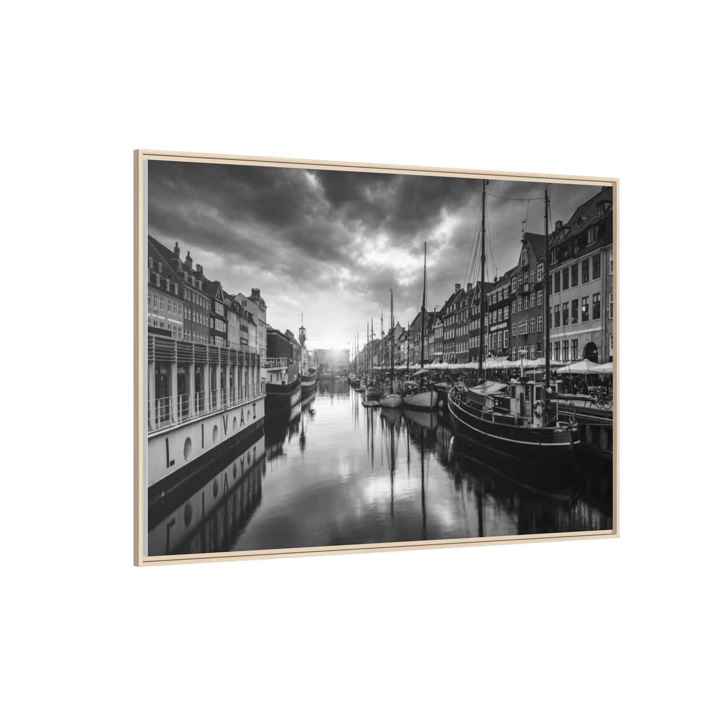 Framed Matte Canvas: Black & White Dutch Canal Photography Wall Art