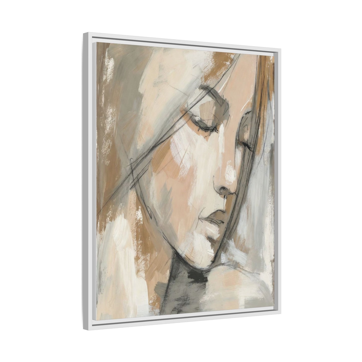 Framed Matte Canvas Art — Serene Abstract Portrait in Neutrals
