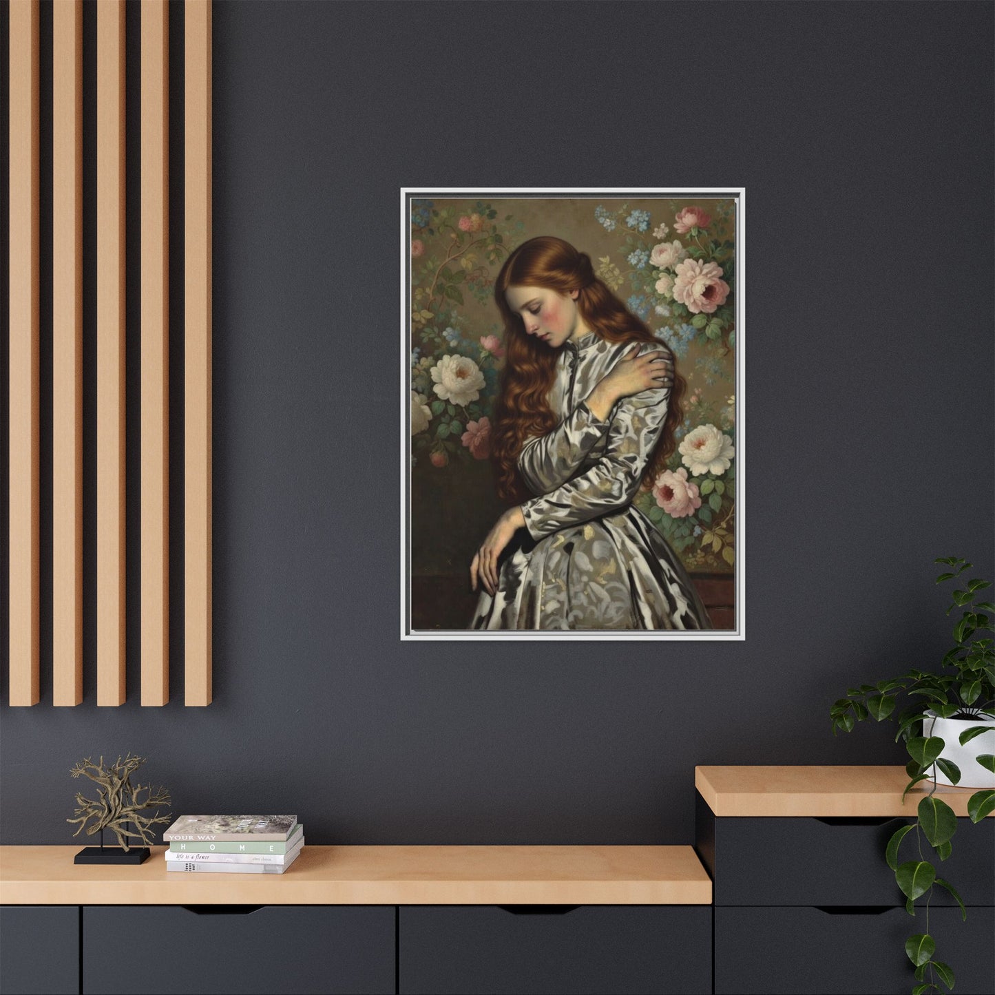 Framed Matte Canvas Art — Vintage Floral Portrait of a Young Woman