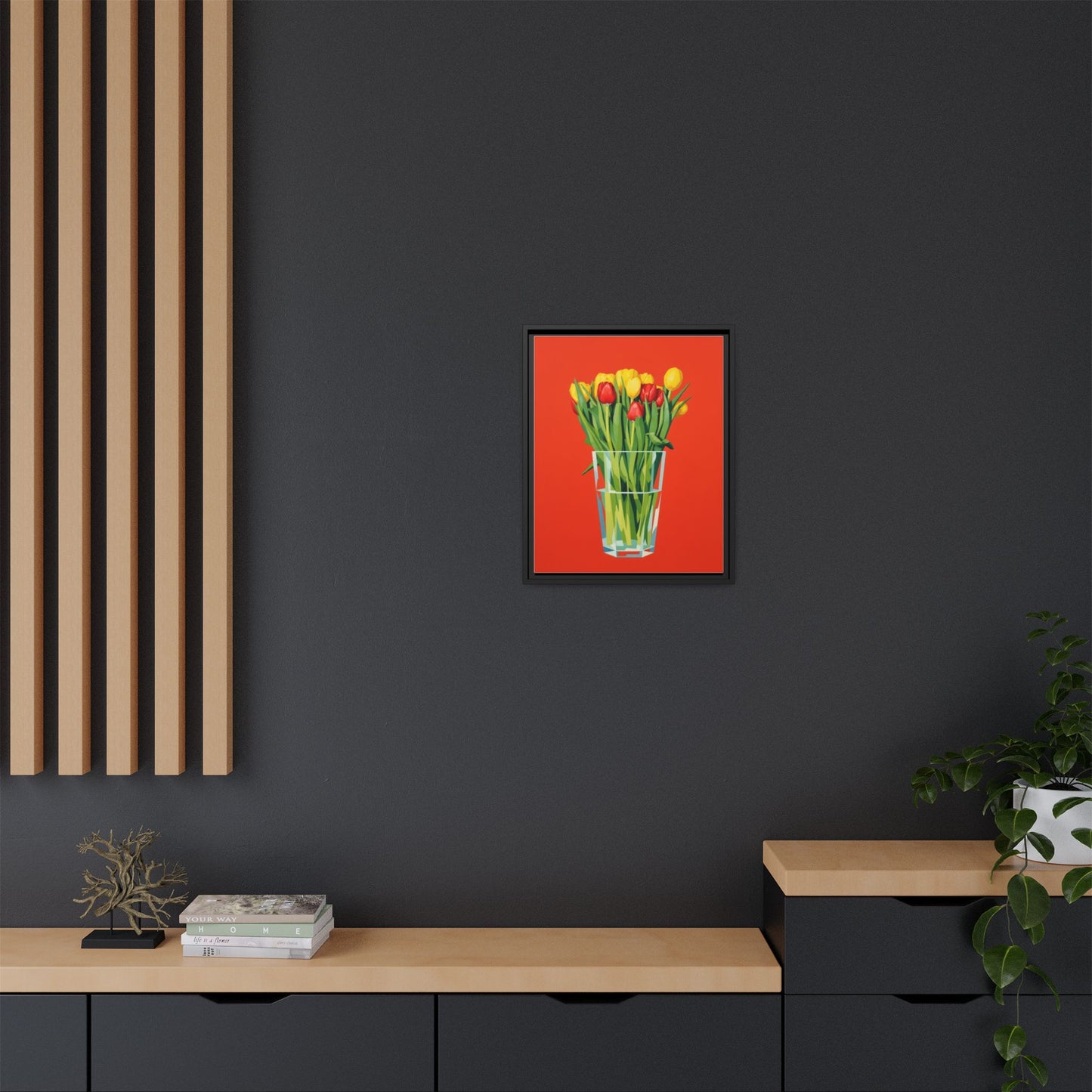Framed Tulip Bouquet Matte Canvas Art — Vibrant Red Floral Wall Print
