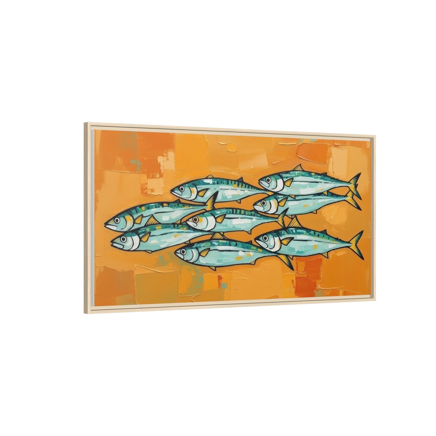 Framed Matte Canvas Print — School of Blue Fish on Orange Abstract Background