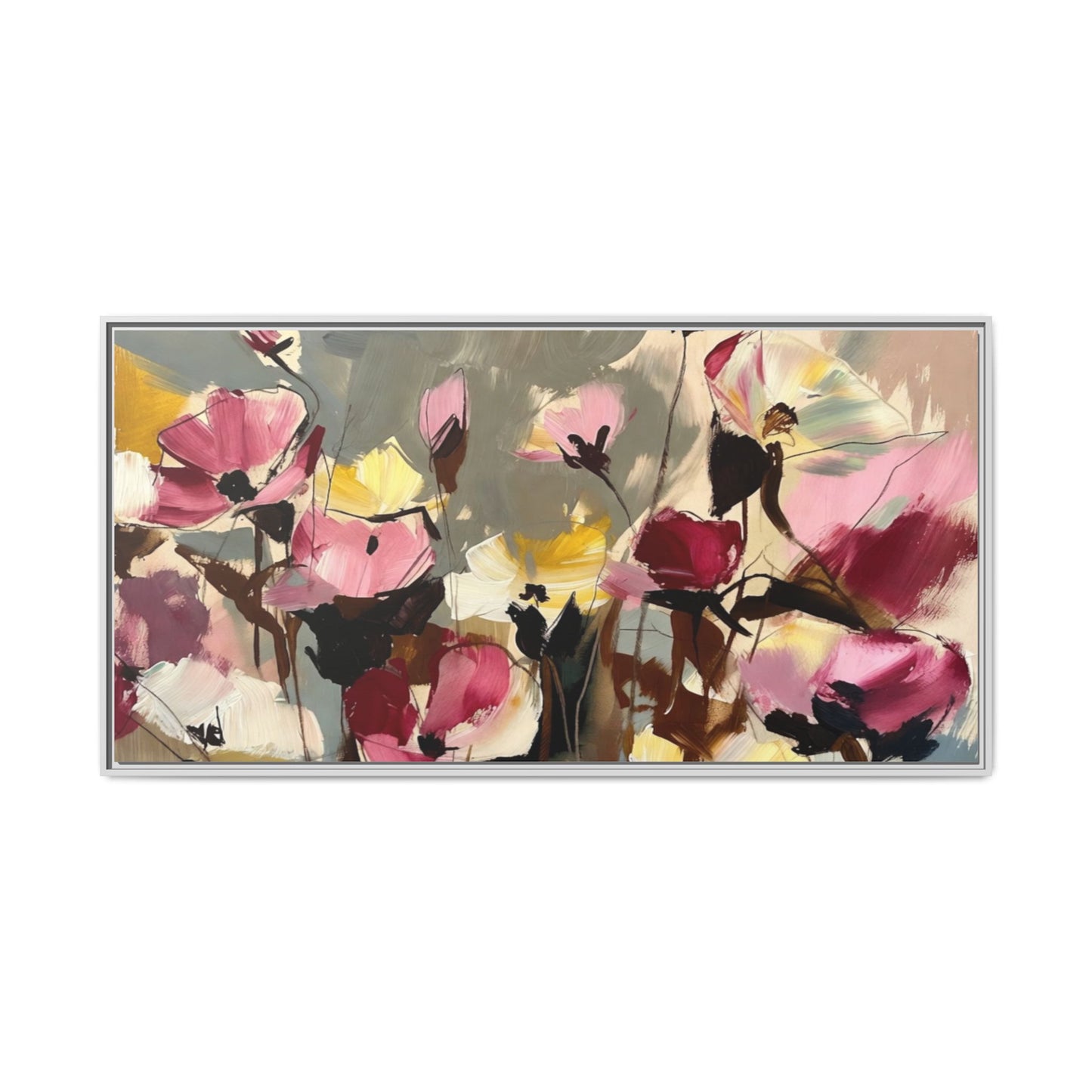 Framed Floral Canvas Wall Art — Abstract Pink & Yellow Flowers