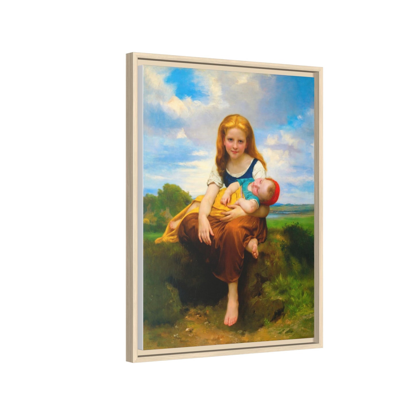 Young Girl Holding Sleeping Baby Canvas Print, Framed Wall Art