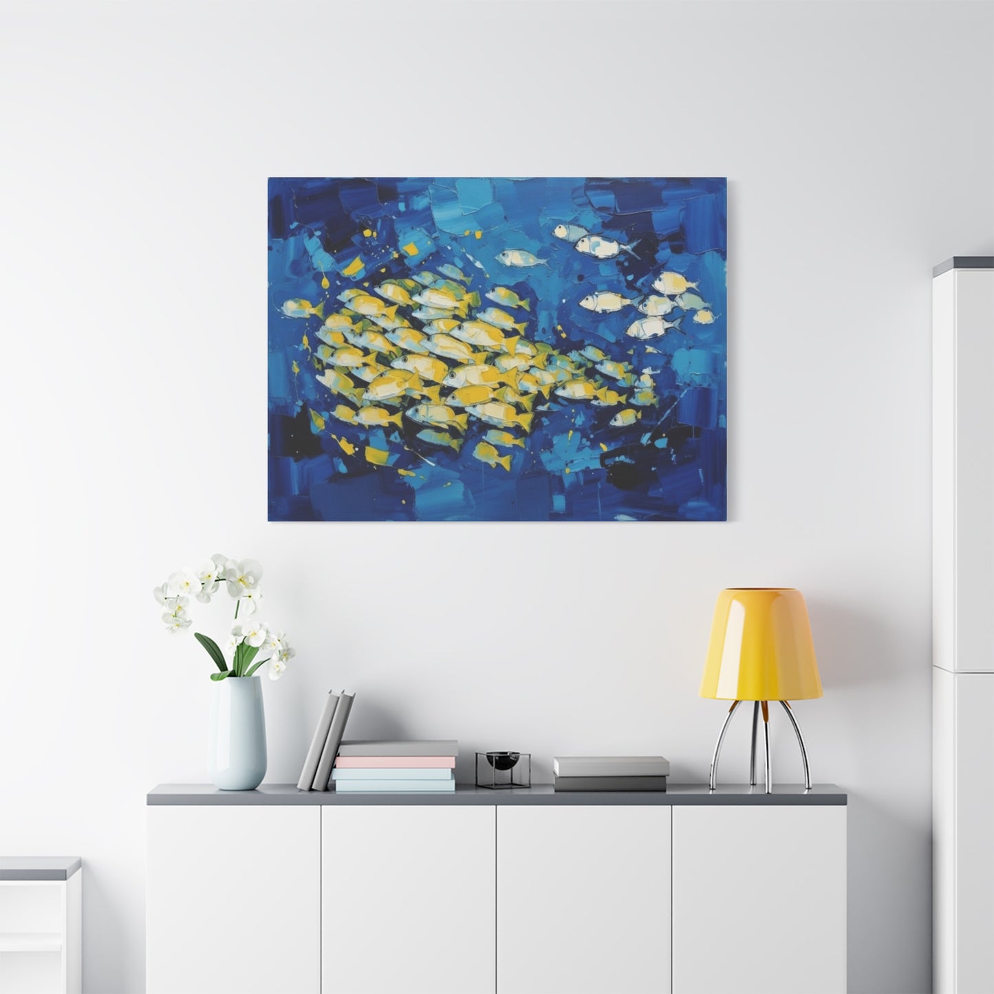 Canvas Wall Art - Blue School of Fish Matte Stretched Canvas