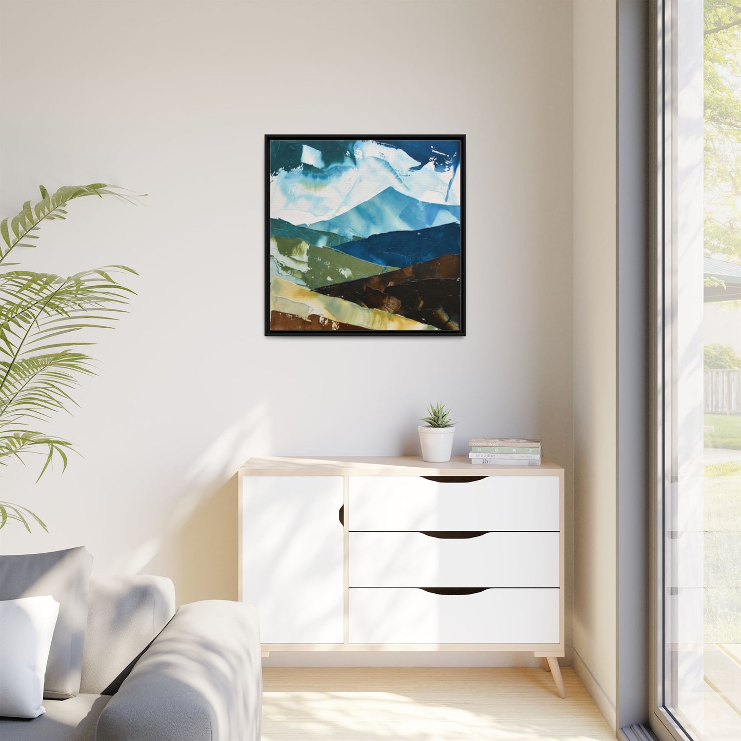 Framed Abstract Mountain Canvas Art — Blue & Earthtone Landscape Print