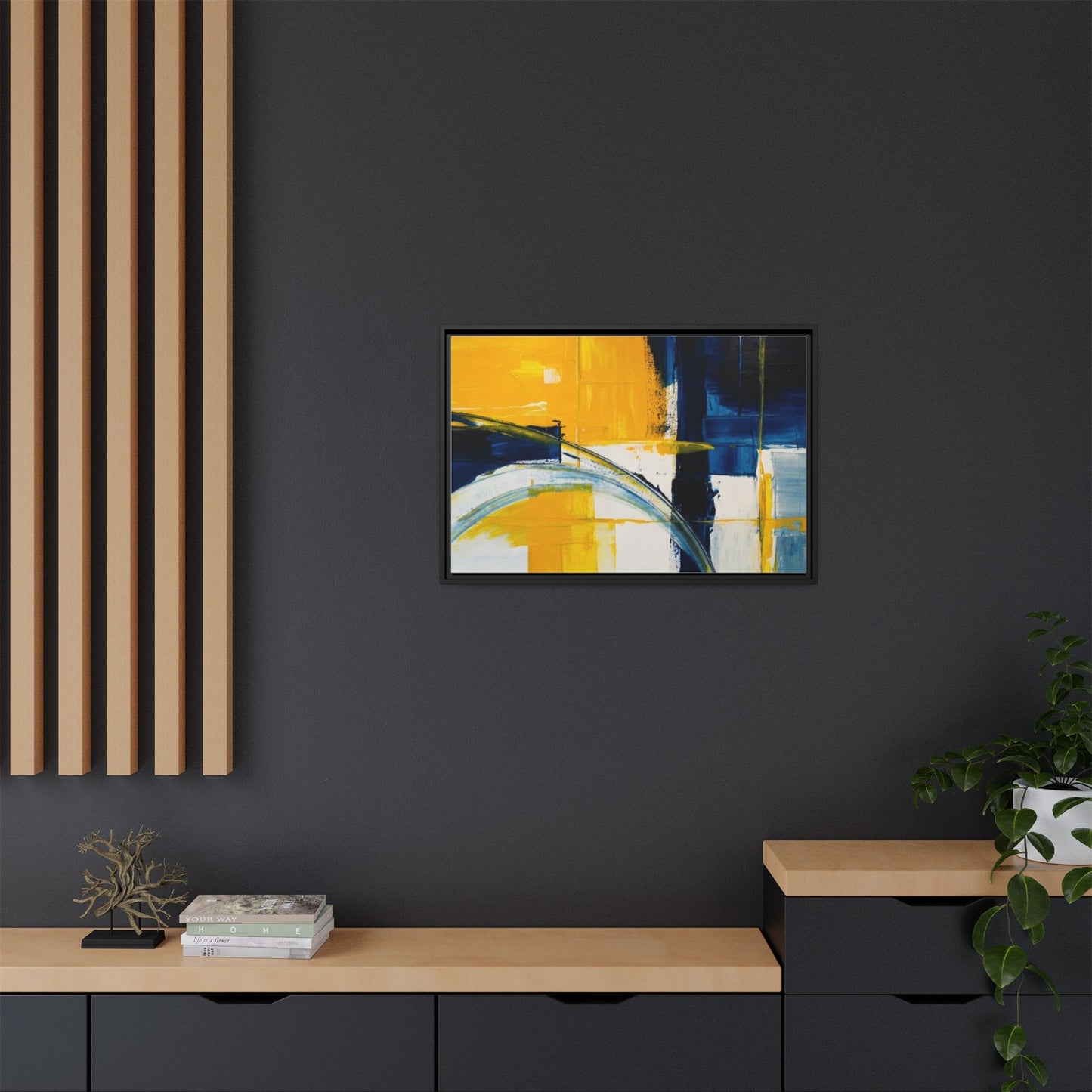 Abstract Yellow & Blue Framed Canvas Wall Art — Modern Matte Canvas Print