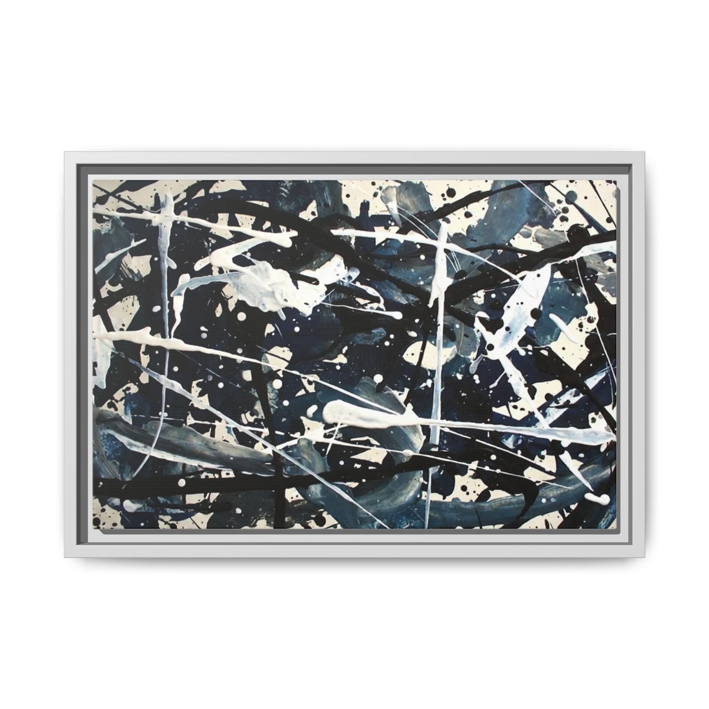 Abstract Splatter Matte Canvas Framed Wall Art — Black & Blue Modern Art Print