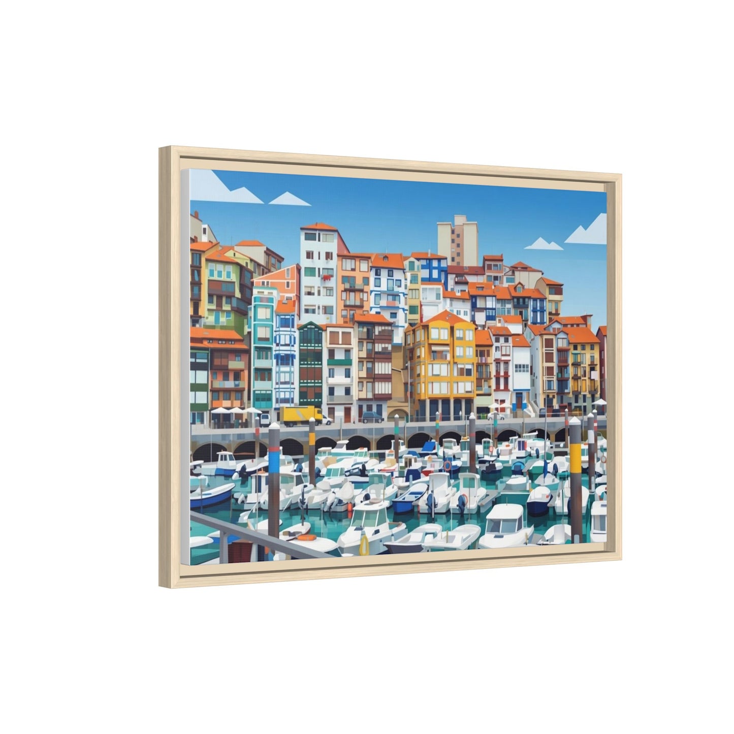 Framed Matte Canvas Print — Colorful Mediterranean Harbor Illustration