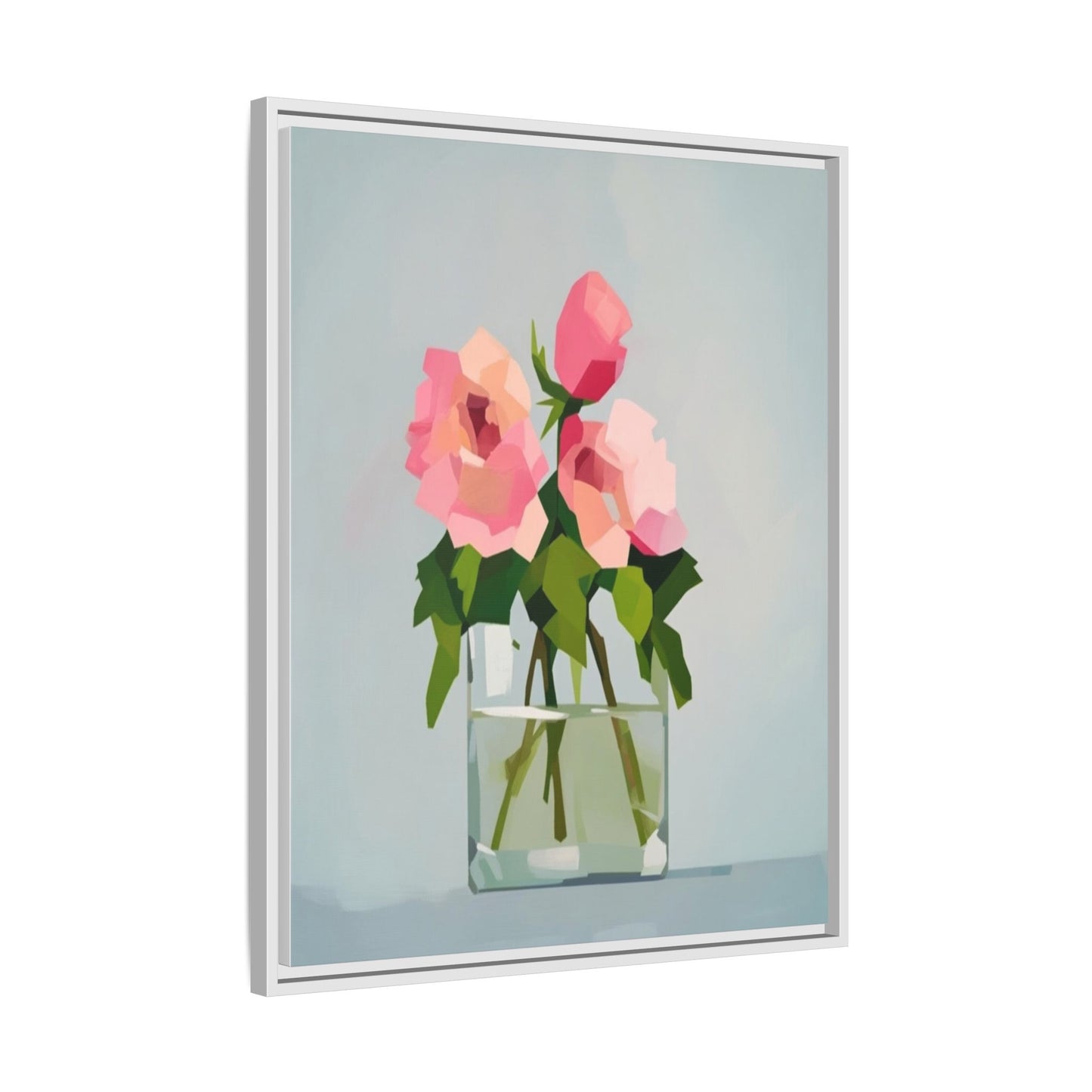 Framed Floral Canvas Print — Pink Roses in Glass Vase (Matte)