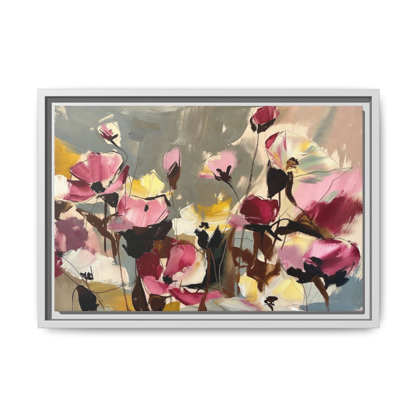 Framed Floral Canvas Wall Art — Abstract Pink & Yellow Flowers