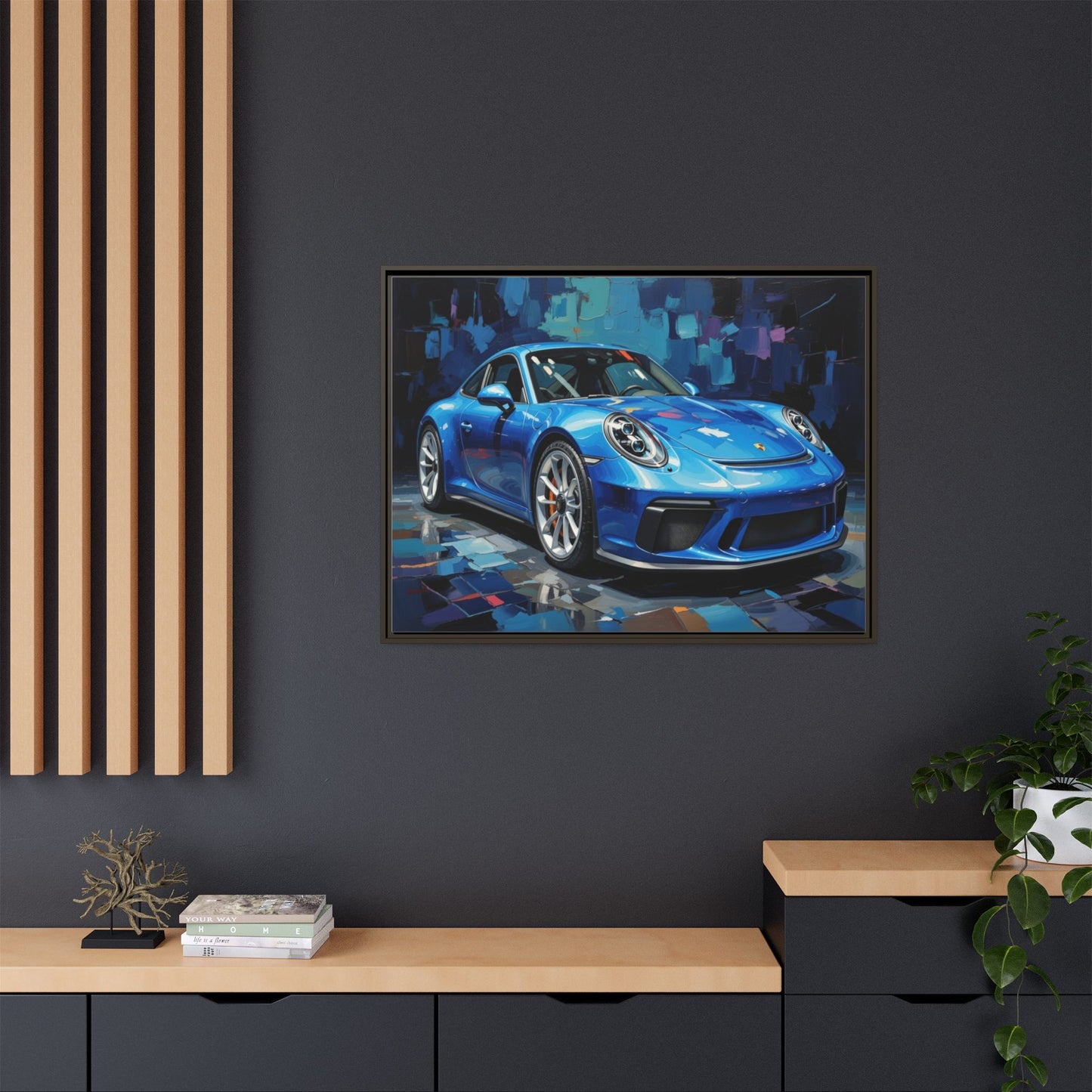 Blue Sports Car Matte Canvas Framed Print — Modern Automotive Wall Art