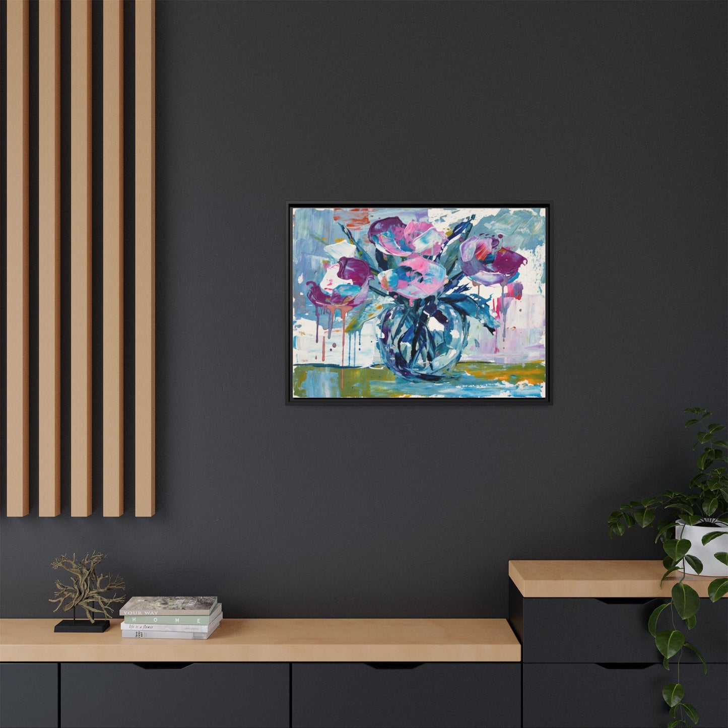 Framed Floral Canvas Art — Abstract Pink & Blue Bouquet