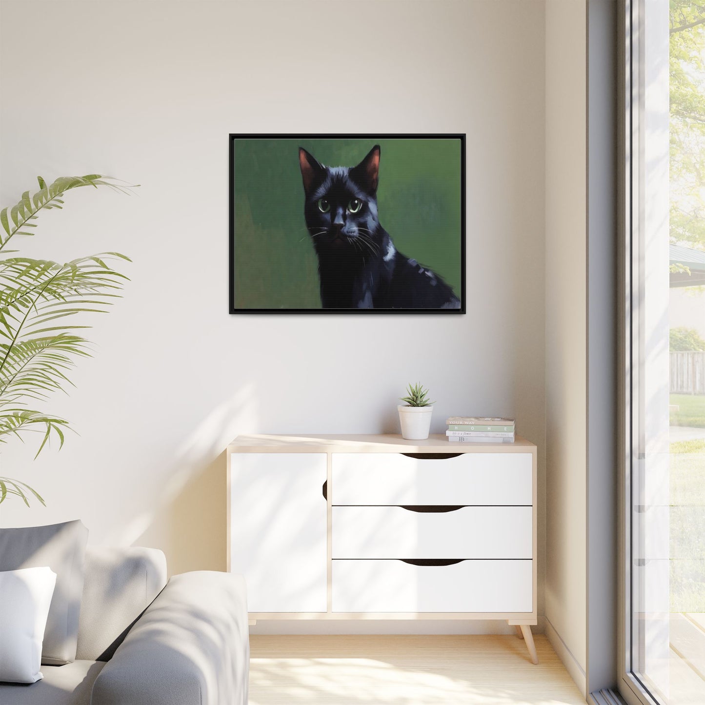 Framed Black Cat Portrait Canvas — Matte Multi-Color Wall Art