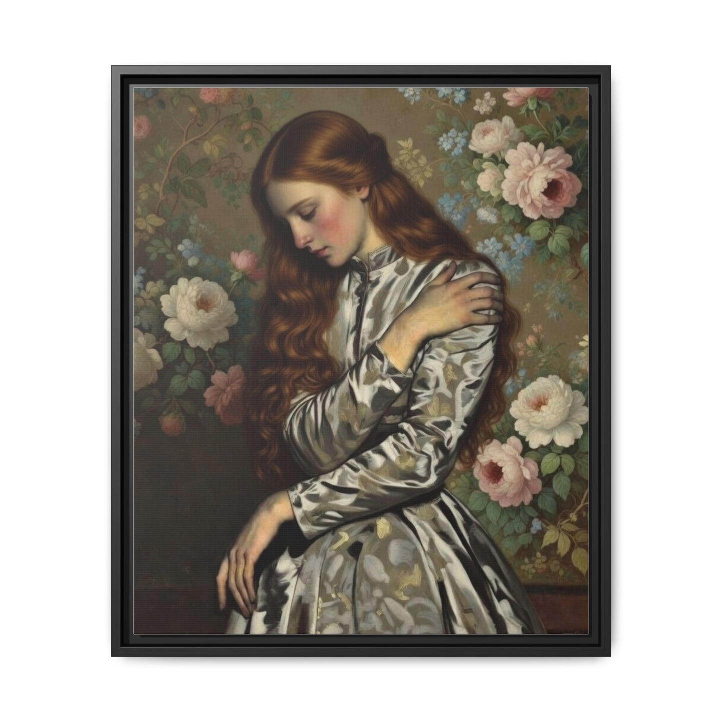 Framed Matte Canvas Art — Vintage Floral Portrait of a Young Woman