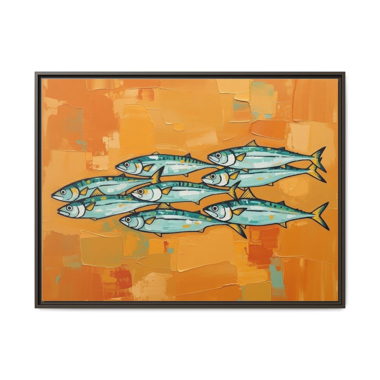 Framed Matte Canvas Print — School of Blue Fish on Orange Abstract Background