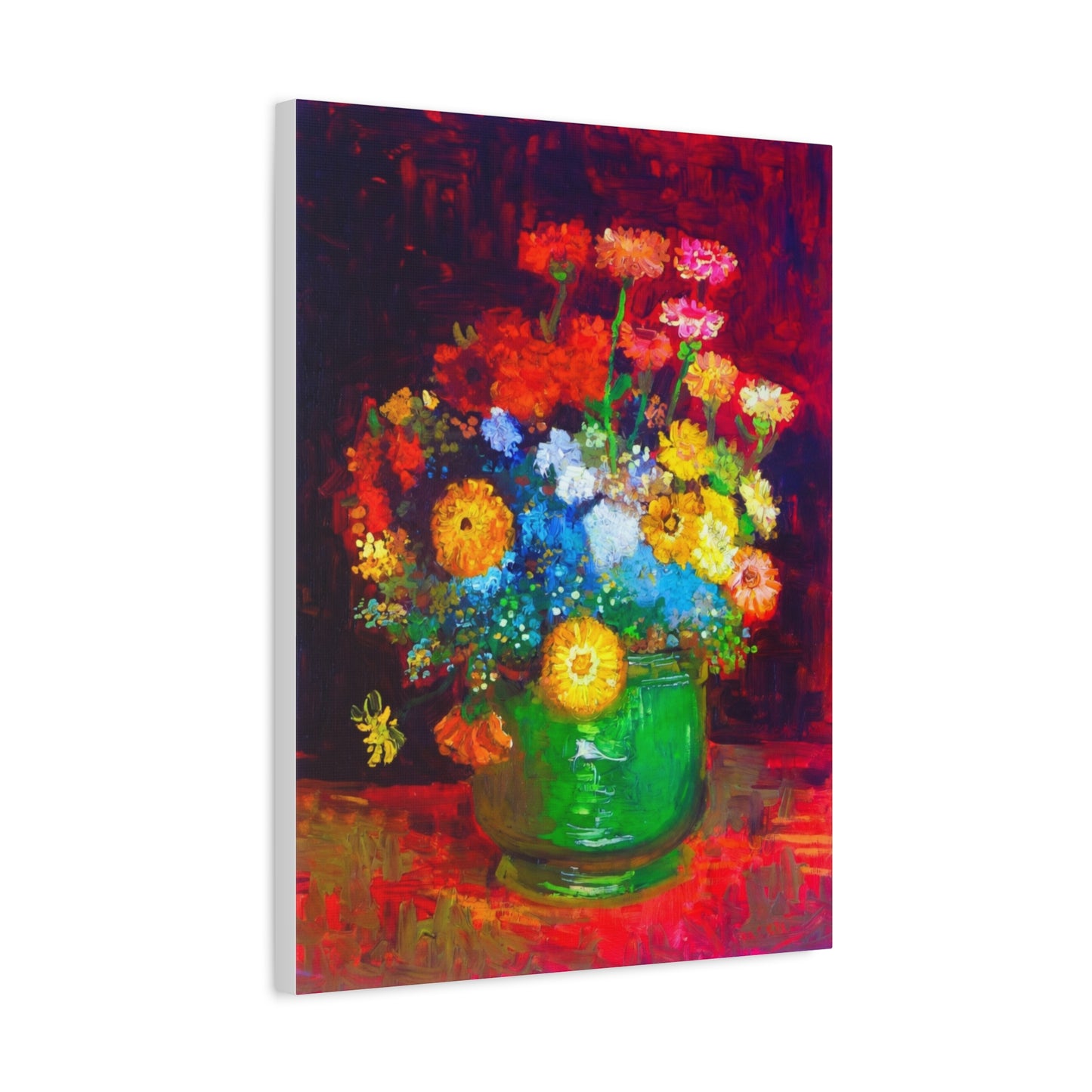 Floral Still Life Canvas Print — Vibrant Bouquet in Green Vase