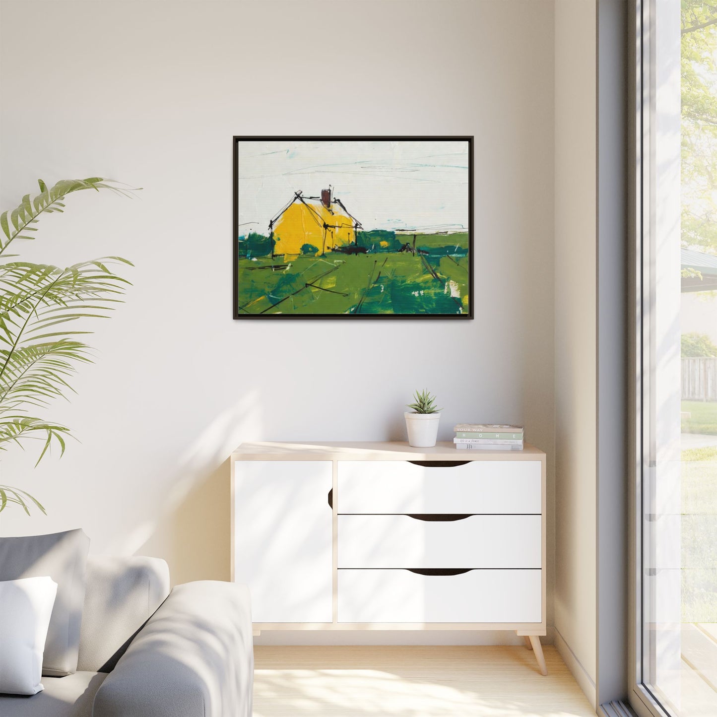 Yellow Cottage Landscape Framed Canvas Print