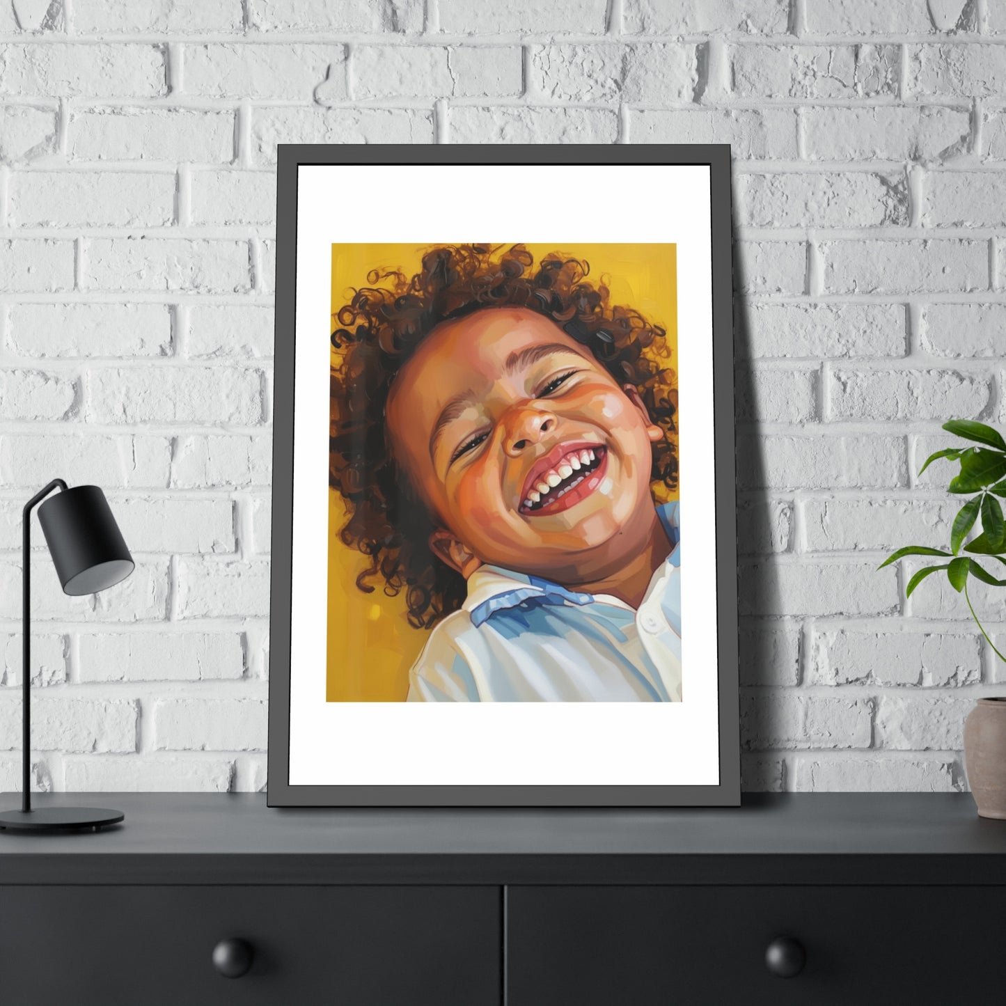 Framed Poster — Joyful Laughing Child Portrait, Colorful Nursery Wall Art