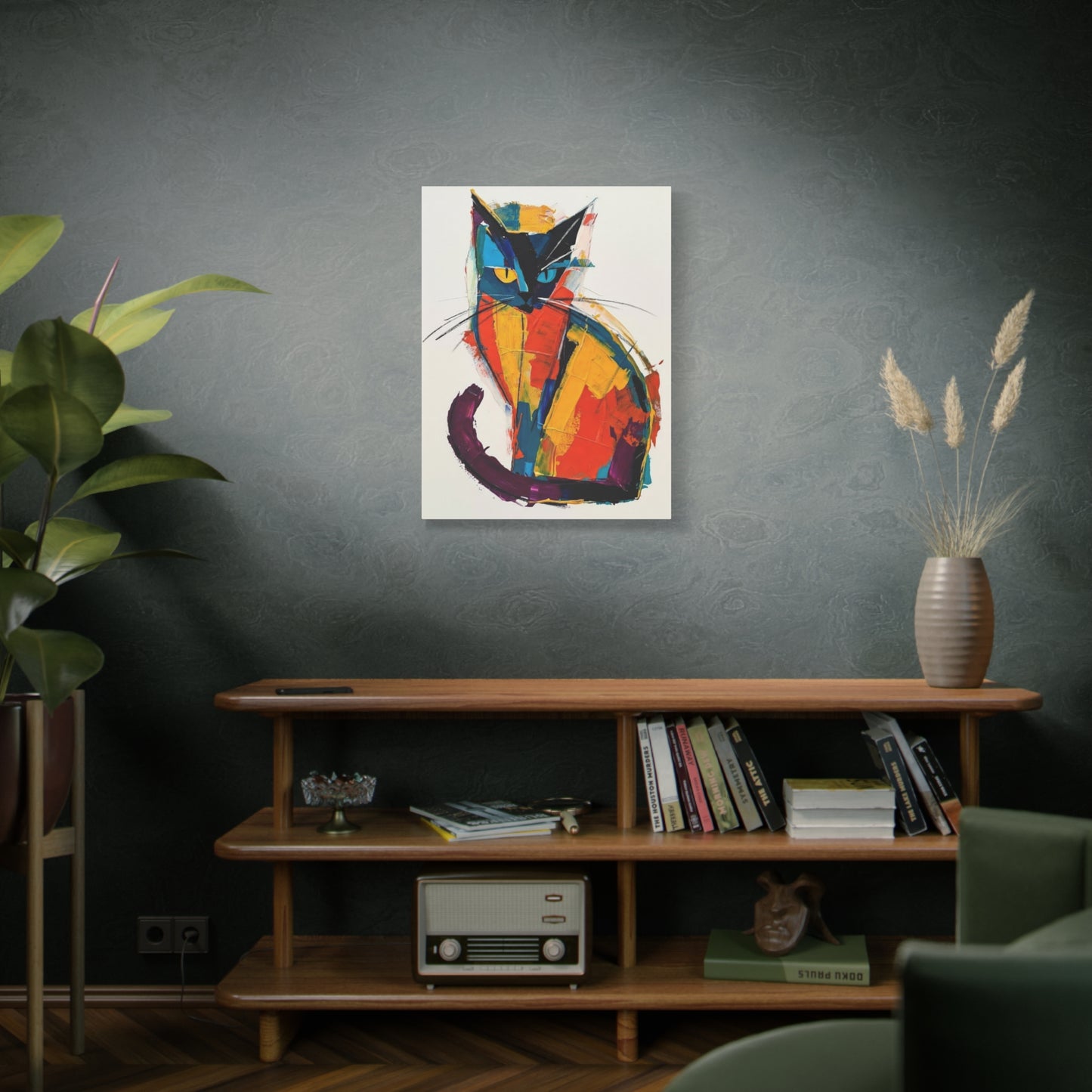 Colorful Abstract Cat Canvas Art - Modern Stretched Matte Wall Decor