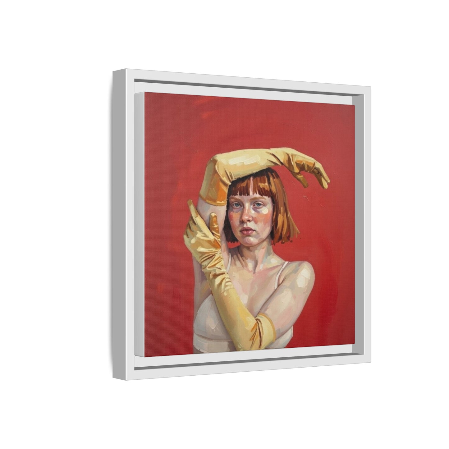 Framed Matte Canvas Art - Portrait of Woman in Yellow Gloves (Red Background)