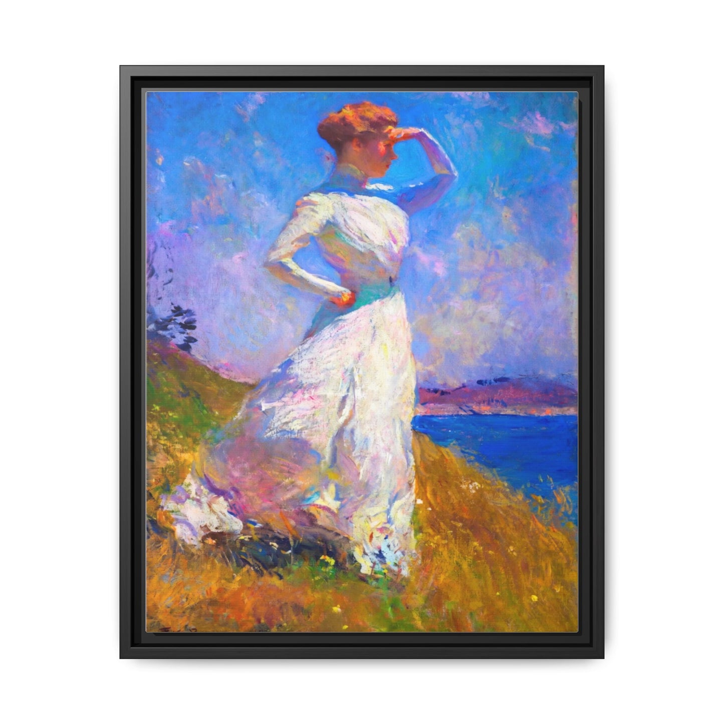 Framed Matte Canvas Art - Woman in White Seaside Impressionist Print