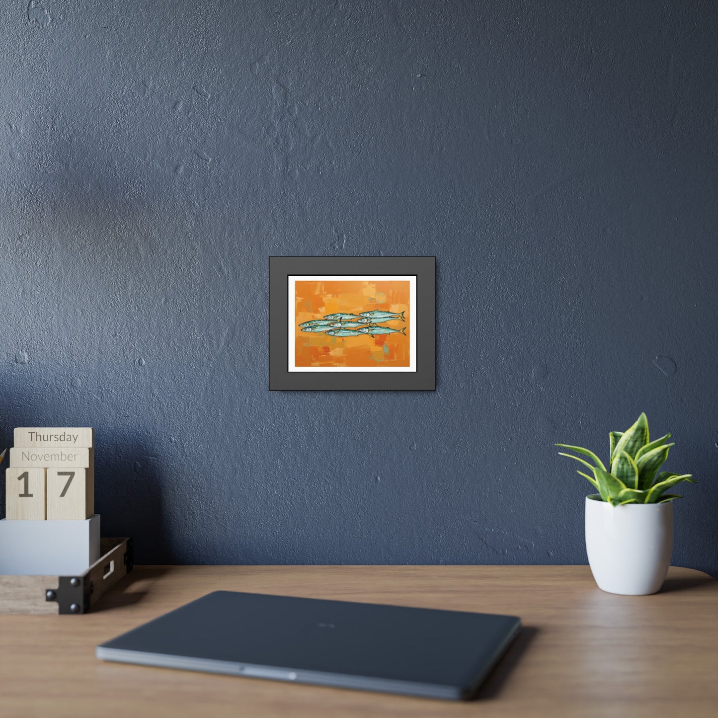 Framed Fish Art Print — School of Mackerel on Orange Abstract Background