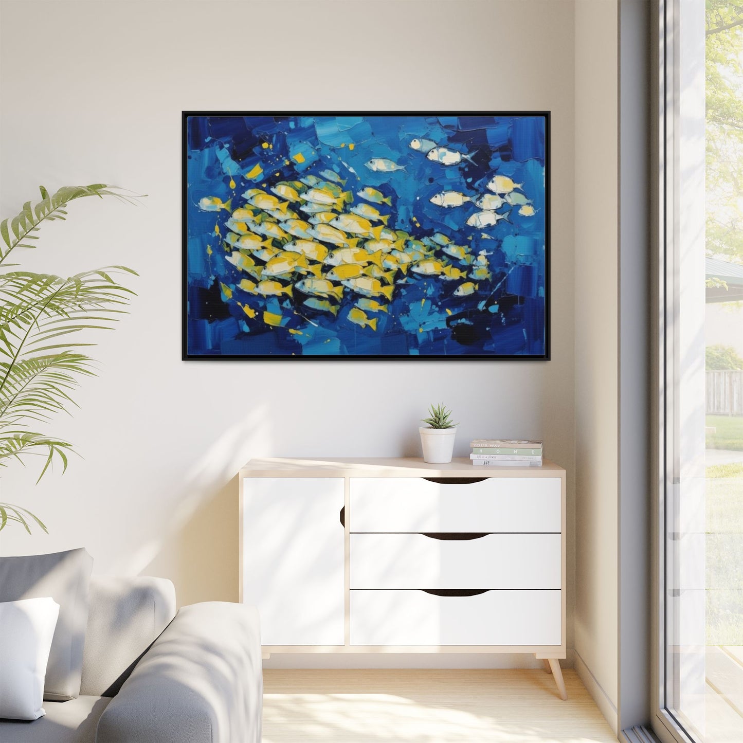 Framed Matte Canvas: Blue School of Fish Wall Art