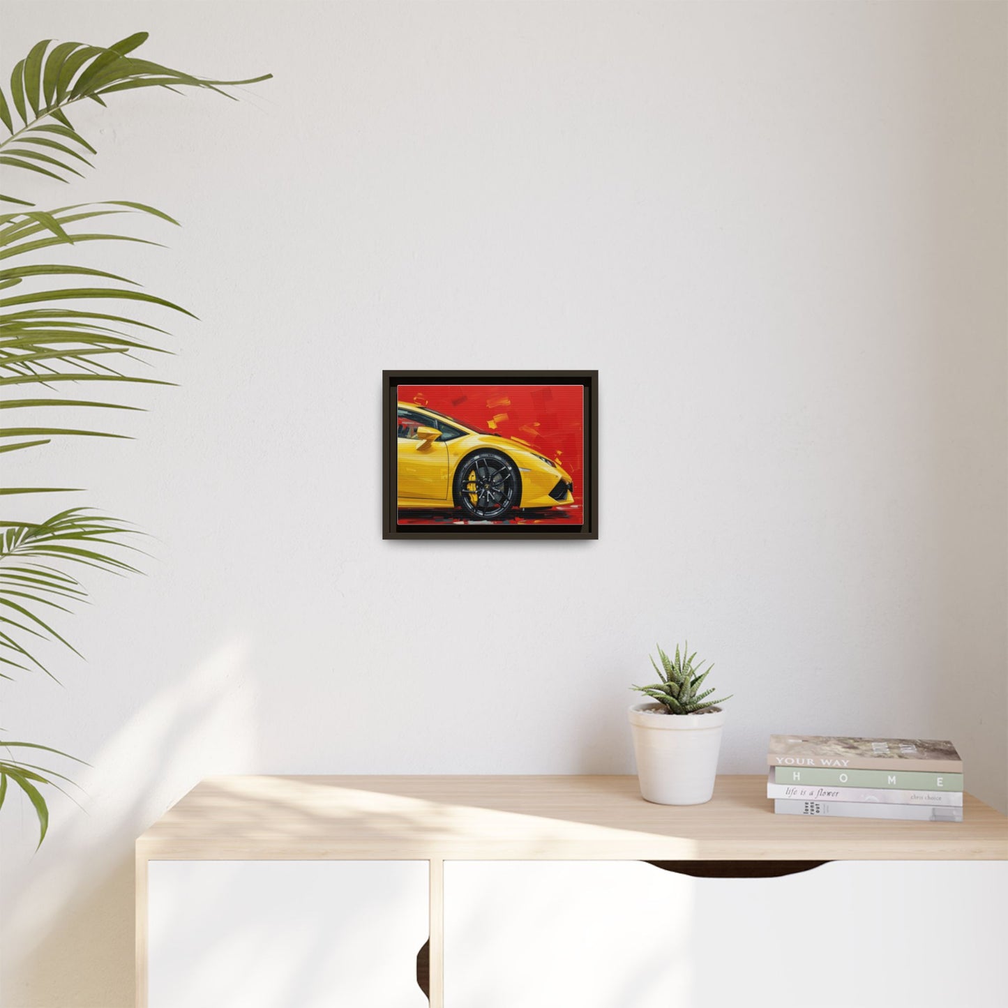 Yellow Sports Car Matte Canvas Print — Framed Automotive Wall Art