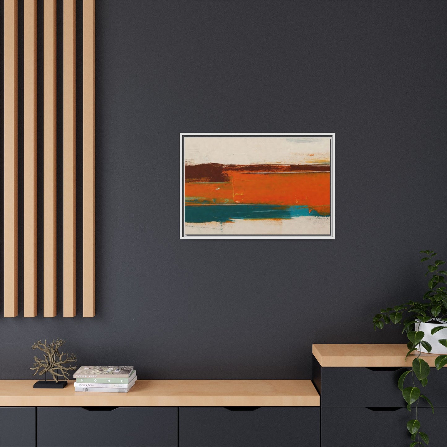 Abstract Horizon Matte Canvas Framed Print — Modern Orange Teal Wall Art