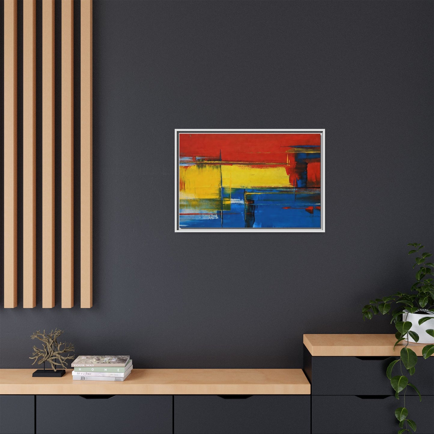 Abstract Color Block Matte Canvas Framed Wall Art — Modern Red Yellow Blue Painting