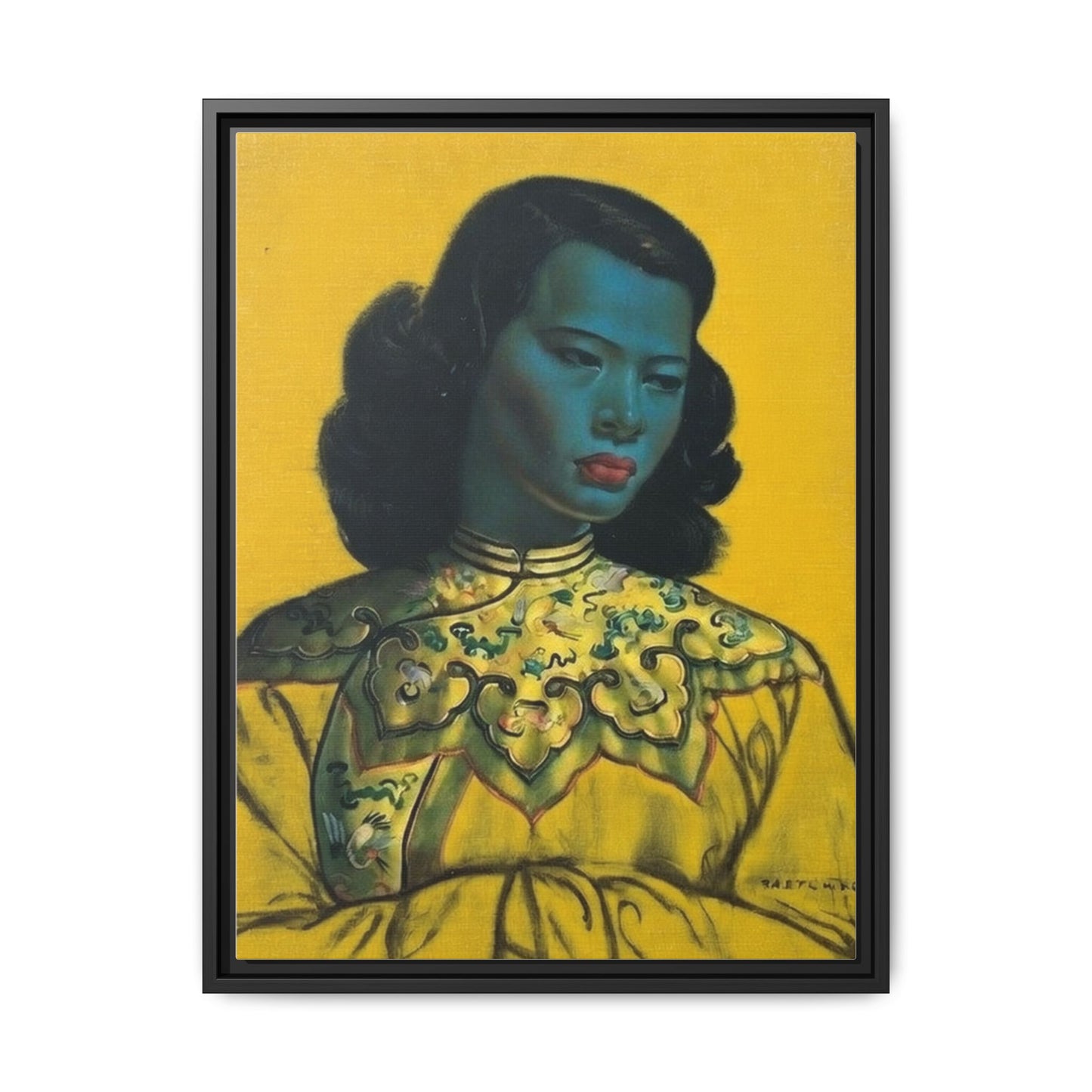 Framed Matte Canvas Art Print — Vintage Portrait with Yellow Background