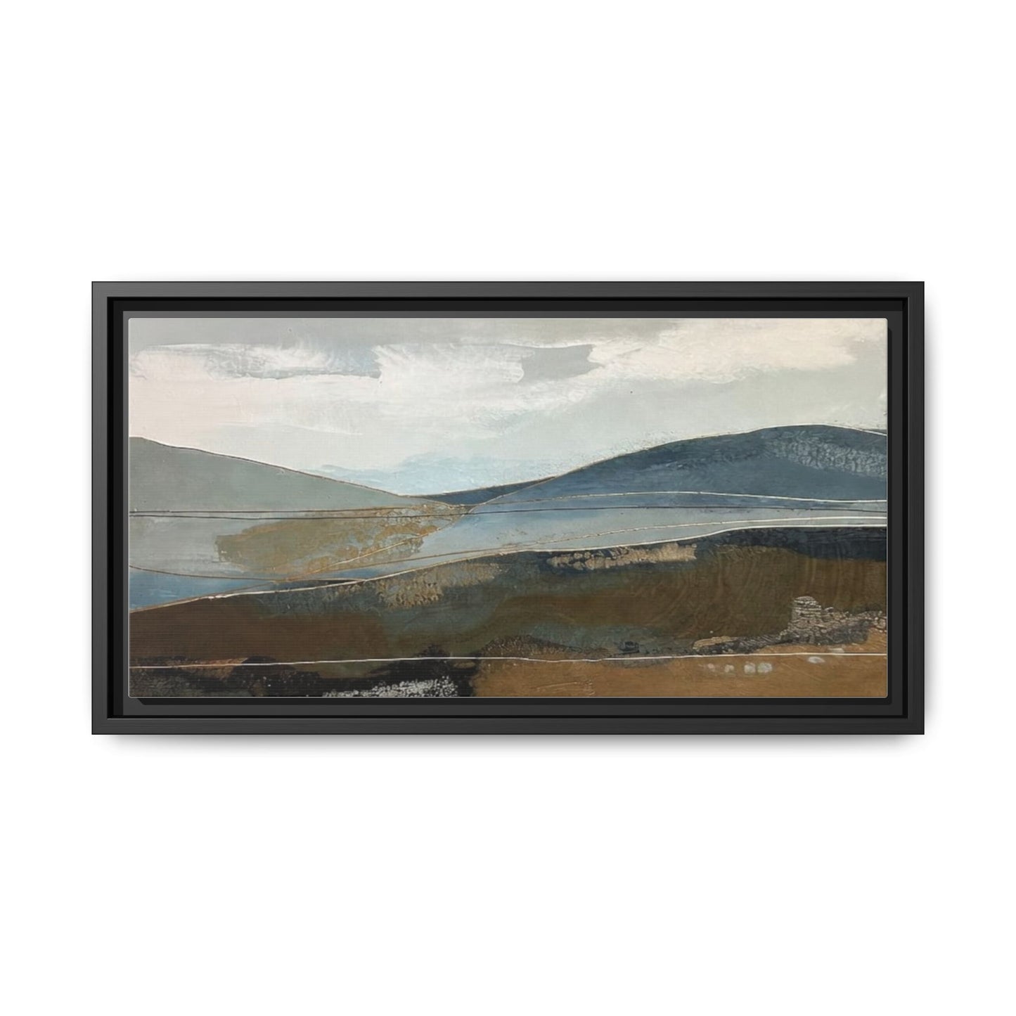 Framed Matte Canvas Landscape Art - Serene Abstract Hills in Blue & Earth Tones