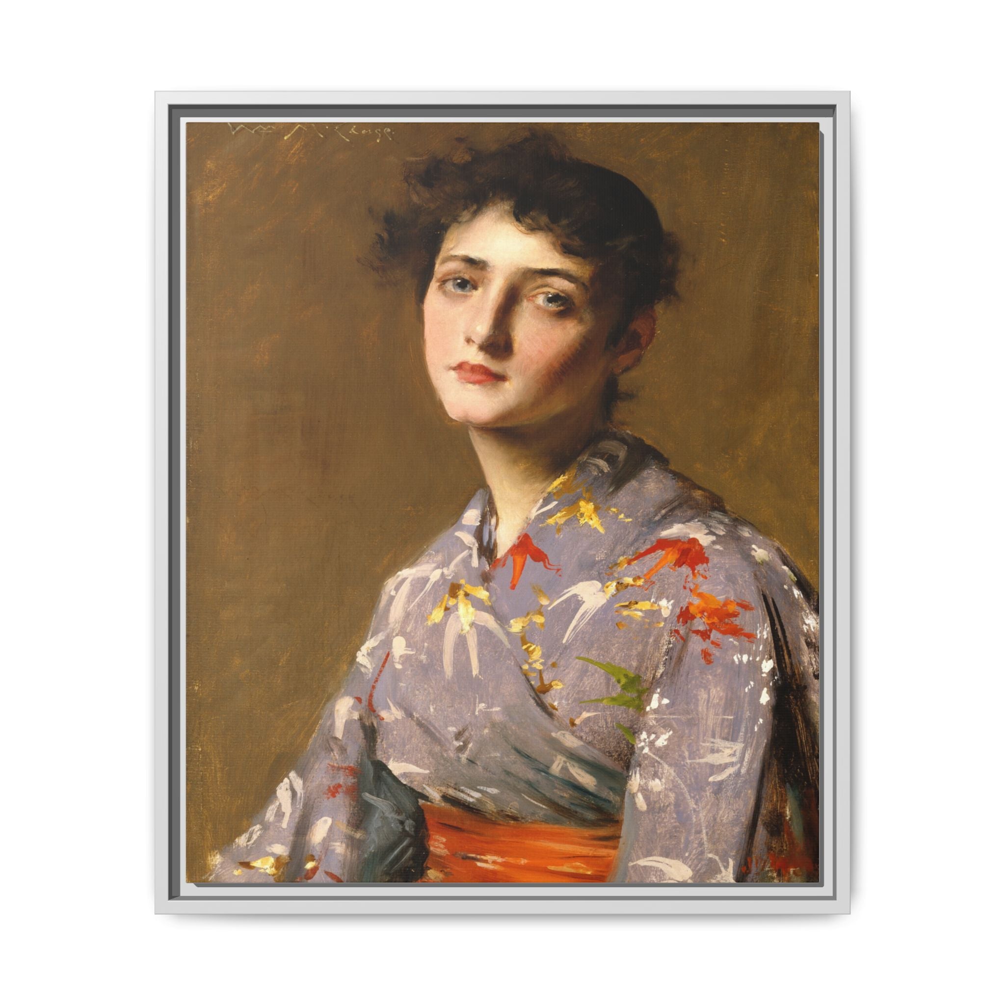 Girl in a Japanese Costume by William Merritt Chase Framed Matte Canvas Wall Art Print