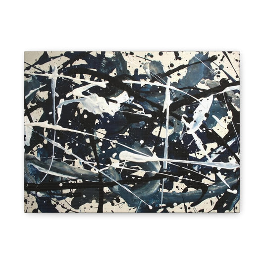 Abstract Drip Painting Canvas Print — Blue & Black Modern Wall Art (Matte Stretched)