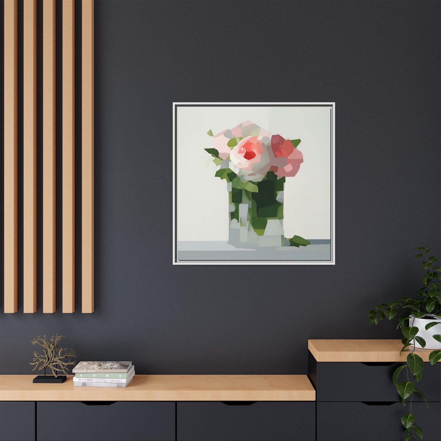 Framed Floral Canvas Print — Modern Pink Roses Still Life