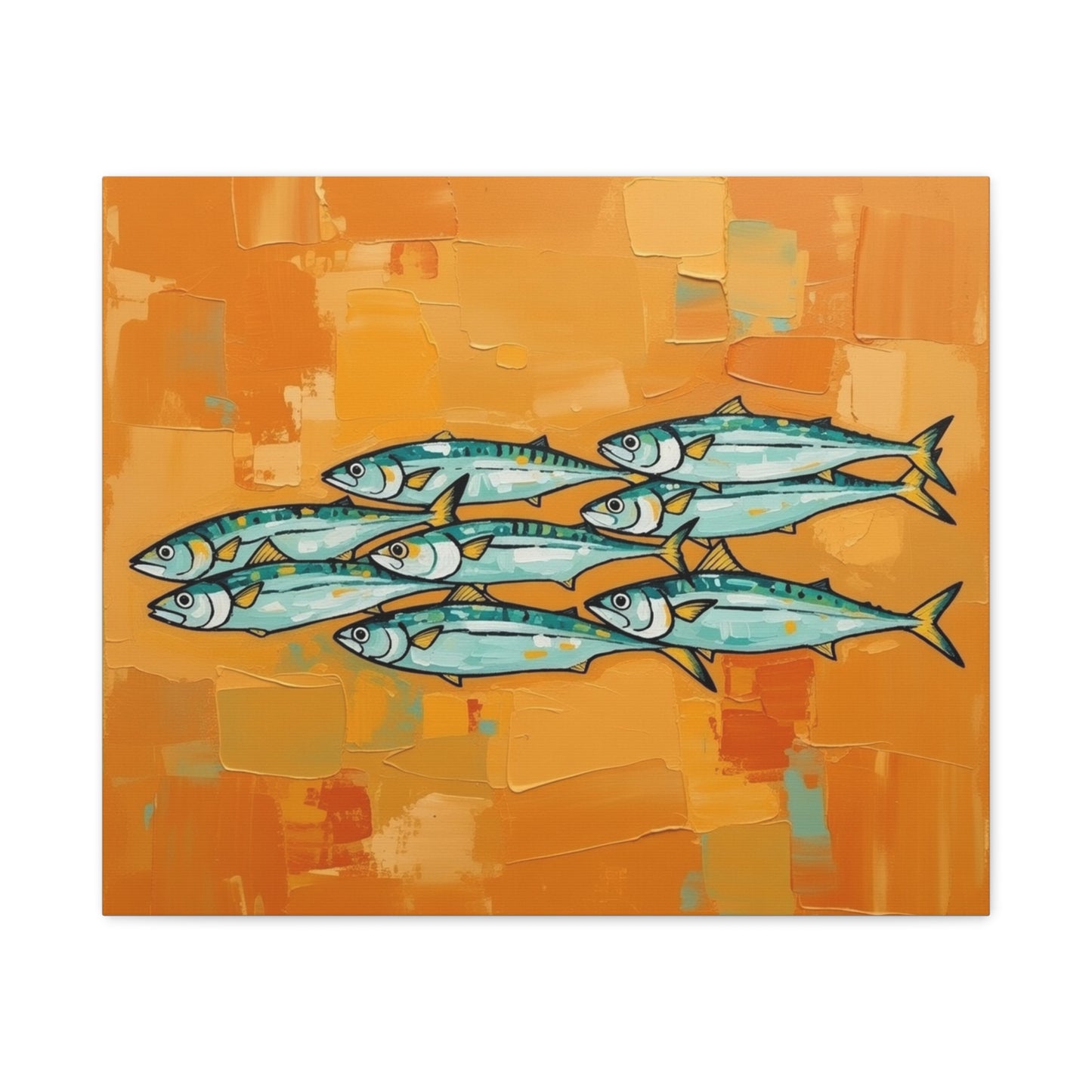 School of Mackerel Canvas Wall Art — Nautical Fish Painting on Orange Background
