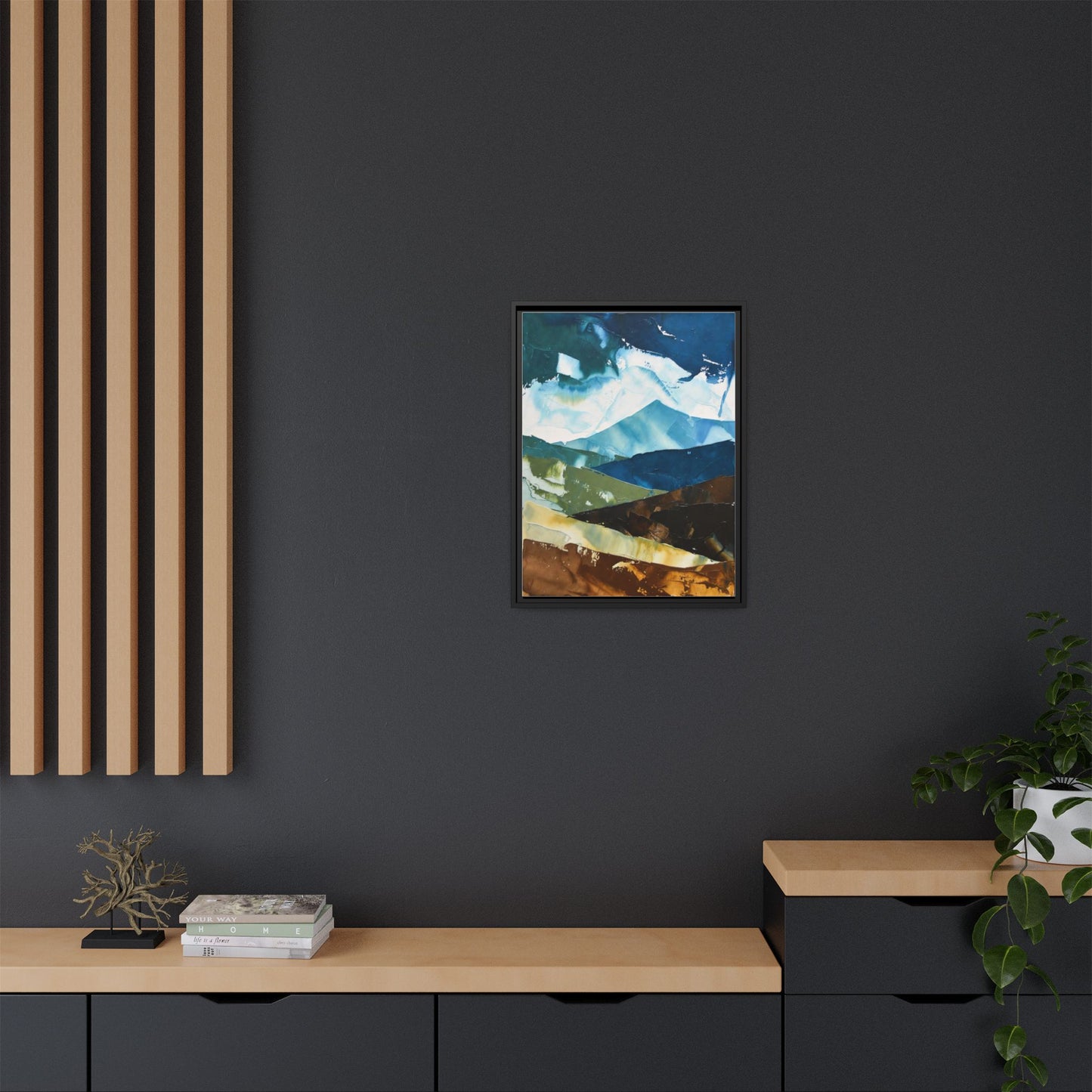 Framed Abstract Mountain Canvas Art — Blue & Earthtone Landscape Print