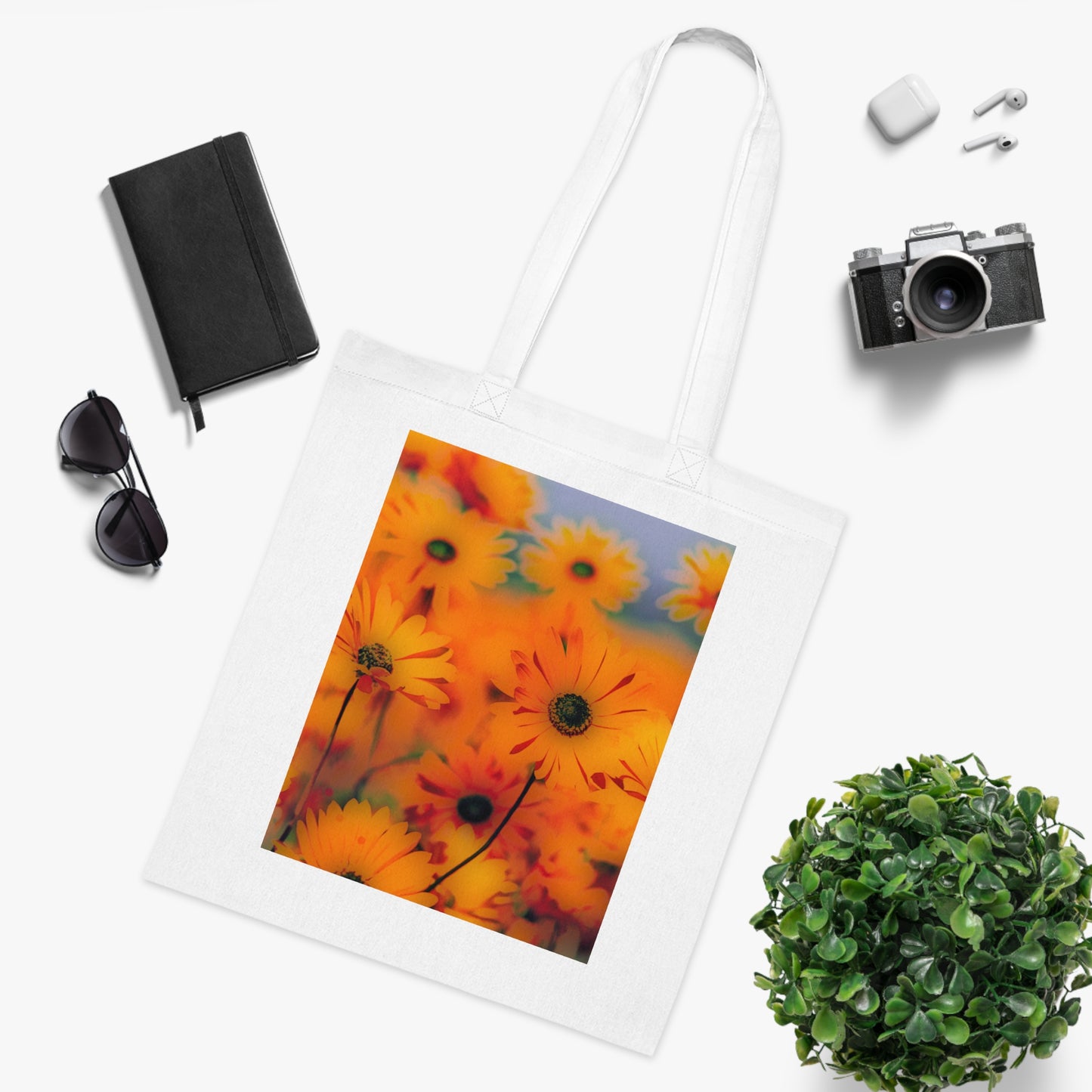 Floral Sunburst Cotton Tote — Bright Orange Daisy Print